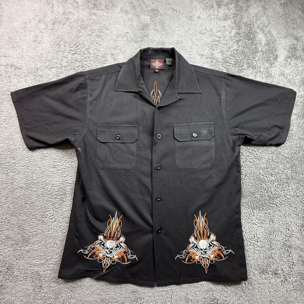 Dragonfly Roadhouse Button Up Shirt Mens M Black Excellent Skull Flames Logo
